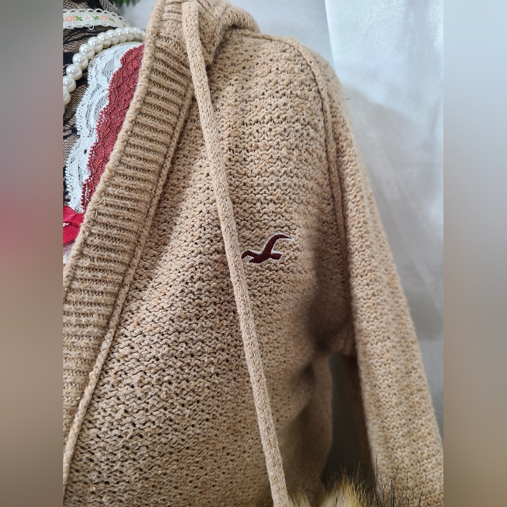 ♡ Y2K ♡ Hollister Tan Brown Angora Hooded Babydoll Sweater - Picture 7 of 9